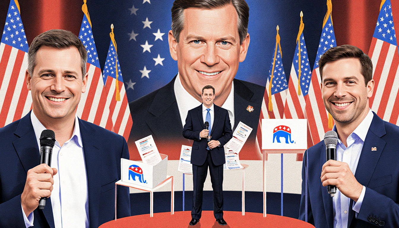 Three Georgia primary candidates smiling with microphones on stage with voting booths and American flags in muted tones