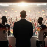 German and Ghanaian players line up with coach and stadium crowd under warm natural light