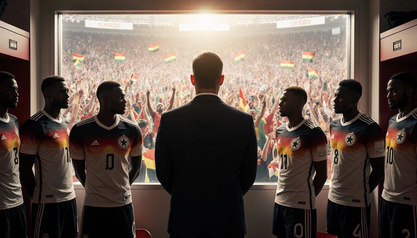 German and Ghanaian players line up with coach and stadium crowd under warm natural light