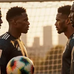 German and Ghanaian footballers chatting with a ball standing against a blurred Stuttgart skyline during World Cup