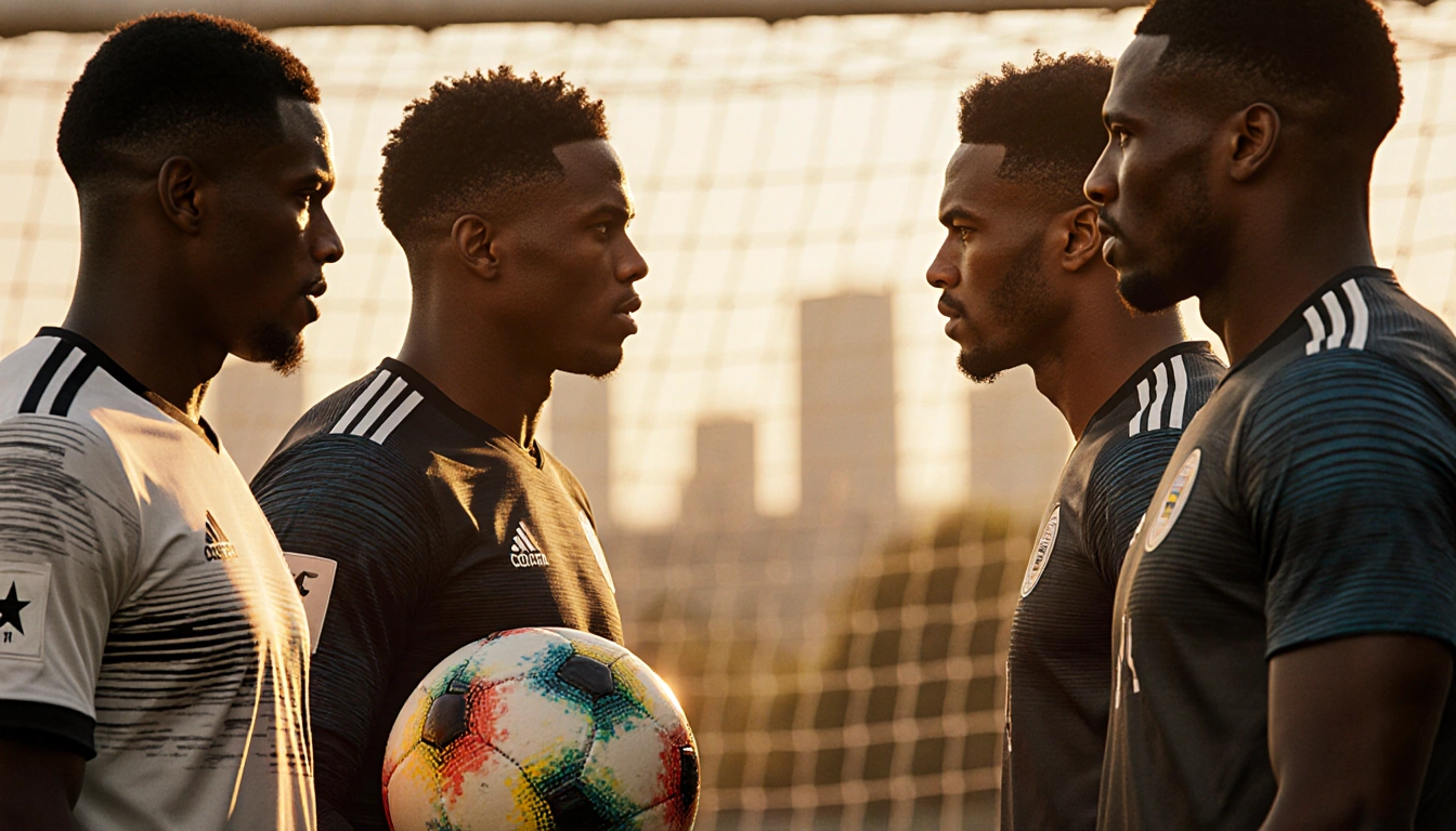 German and Ghanaian footballers chatting with a ball standing against a blurred Stuttgart skyline during World Cup