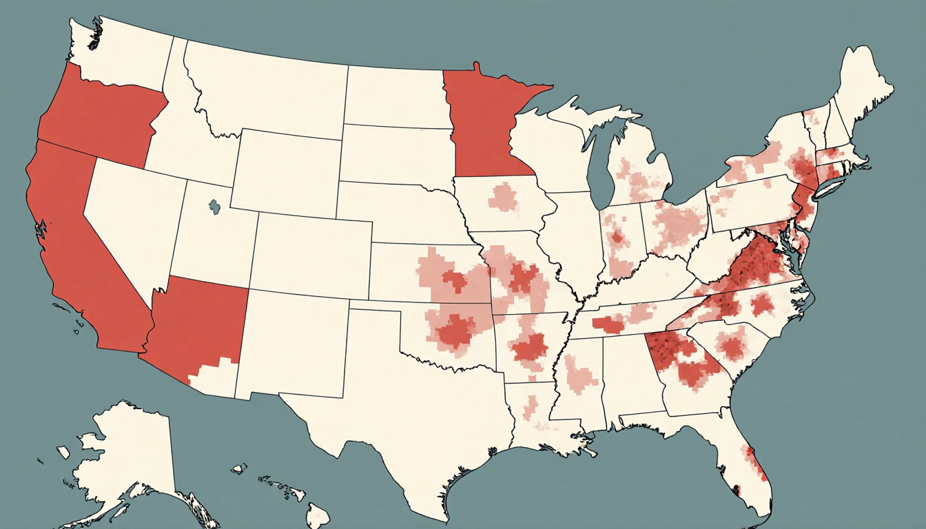 Map of districts showing minority communities spread across seats with California blending coastal liberal Republican areas