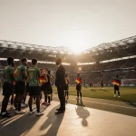 Ghanaian football team gathering around their coach with German players warming up nearby in dusk stadium.