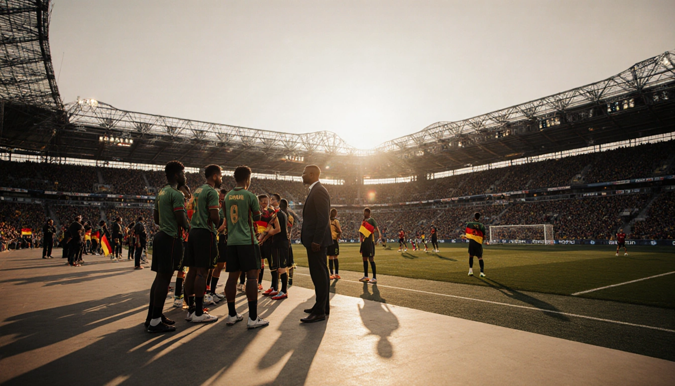 Ghanaian football team gathering around their coach with German players warming up nearby in dusk stadium.