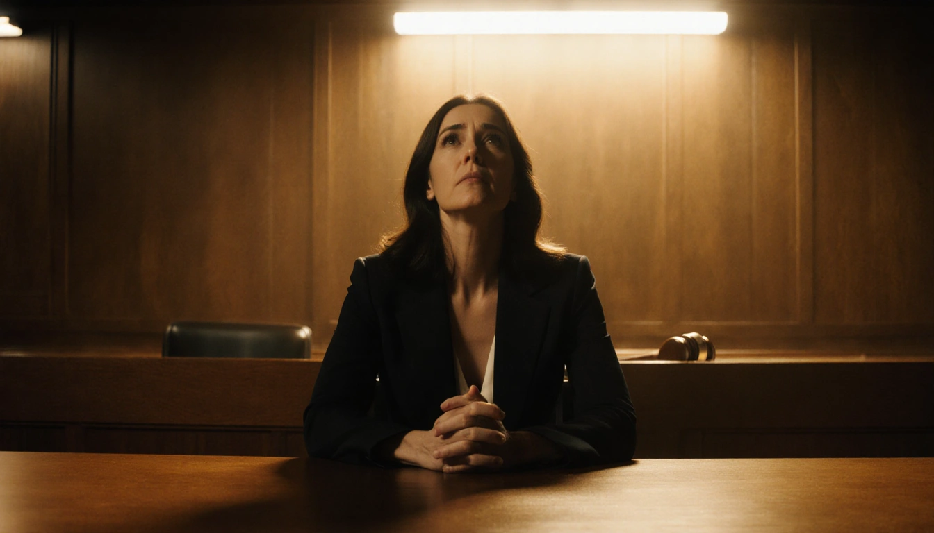 Ghislaine Maxwell pleading at a wooden courtroom table with a faint judge