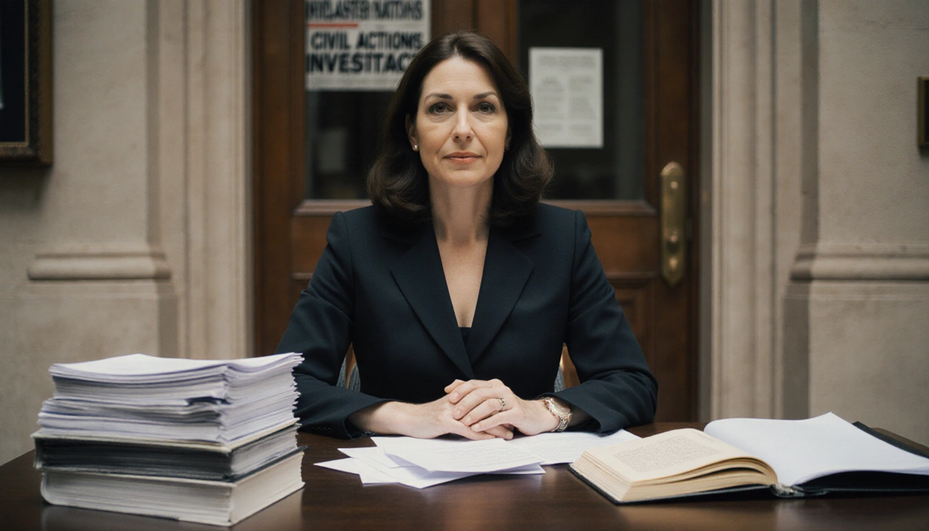 Ghislaine Maxwell sits at a courthouse desk with a stack of trial documents and a legal brief folder near a blurred courtroom