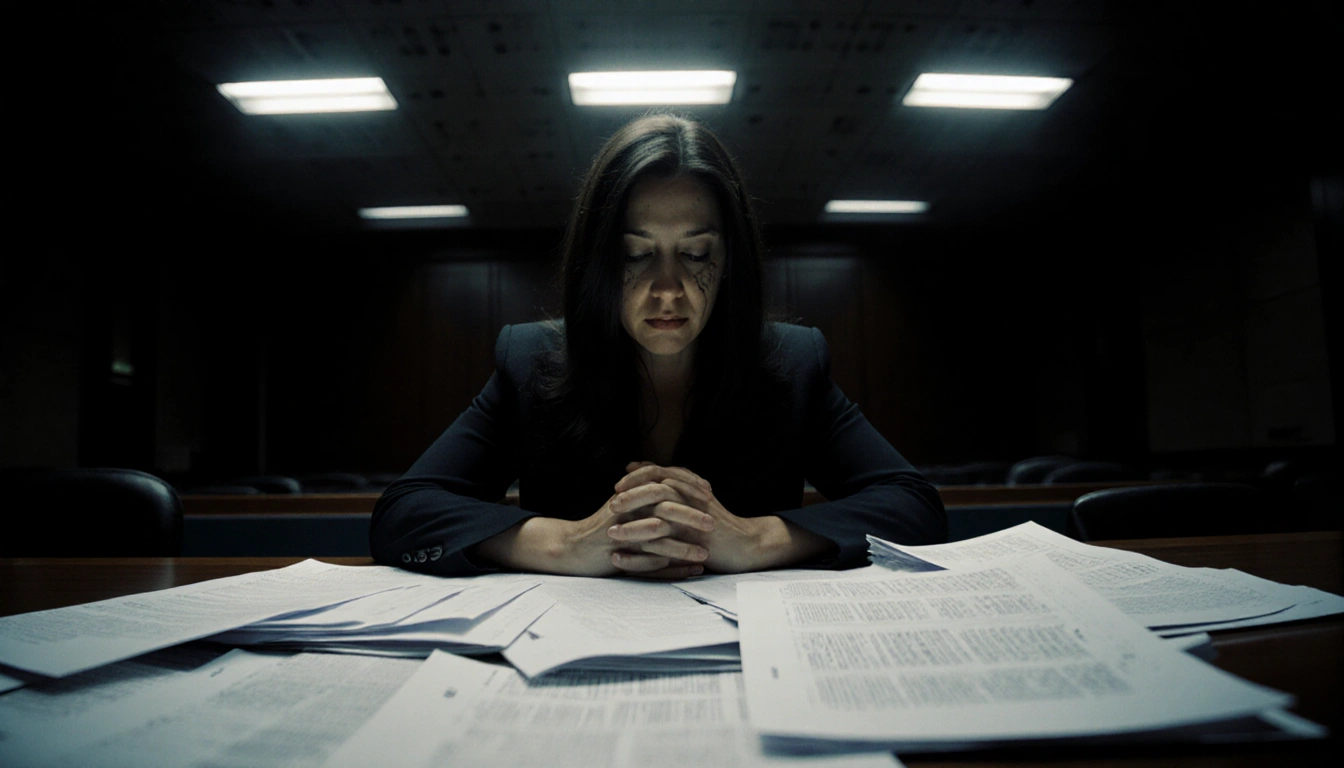 Ghislaine Maxwell sits bowed in dim courtroom with FBI transcripts spilling from stack of papers