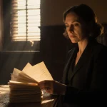 Ghislaine Maxwell holding glowing documents with justice and urgency on a worn wooden table in a dim courthouse.
