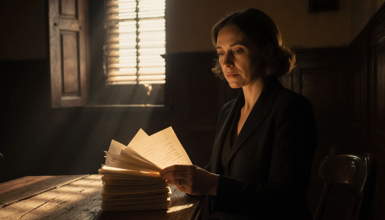 Ghislaine Maxwell holding glowing documents with justice and urgency on a worn wooden table in a dim courthouse.