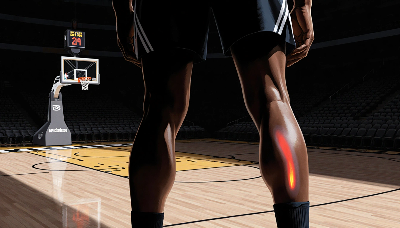 Giannis Antetokounmpo standing in front of a basketball court with a calf strain and calendar outline showing near comeback.