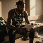 Giannis Antetokounmpo sits in locker room reading a sports manual with light on his face and worn basketball sock beside him.
