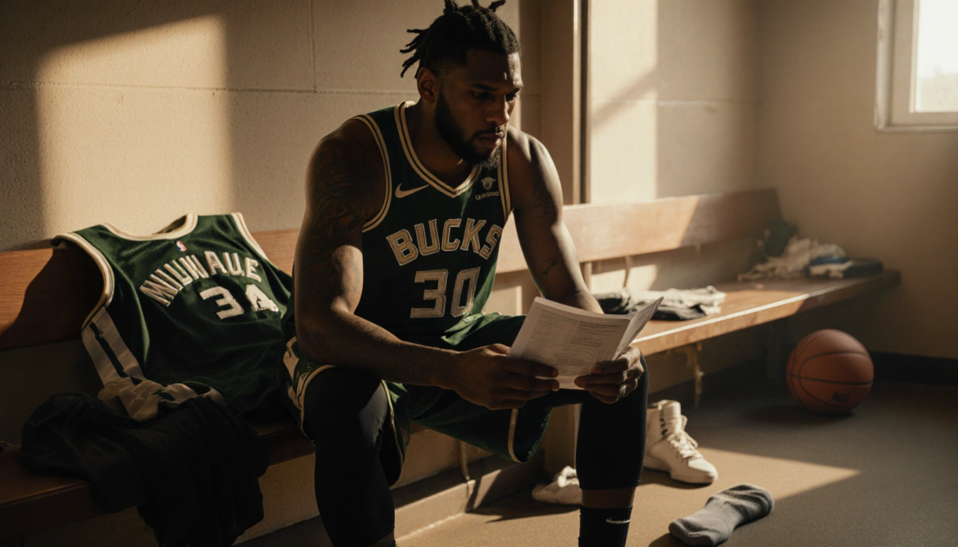 Giannis Antetokounmpo sits in locker room reading a sports manual with light on his face and worn basketball sock beside him.