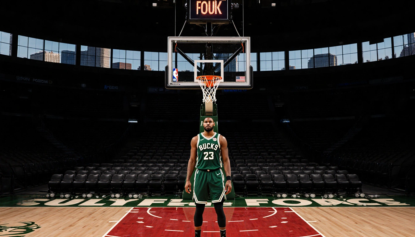 Giannis Antetokounmpo staring at rim with limp net and empty seats in dimly lit Milwaukee Bucks court