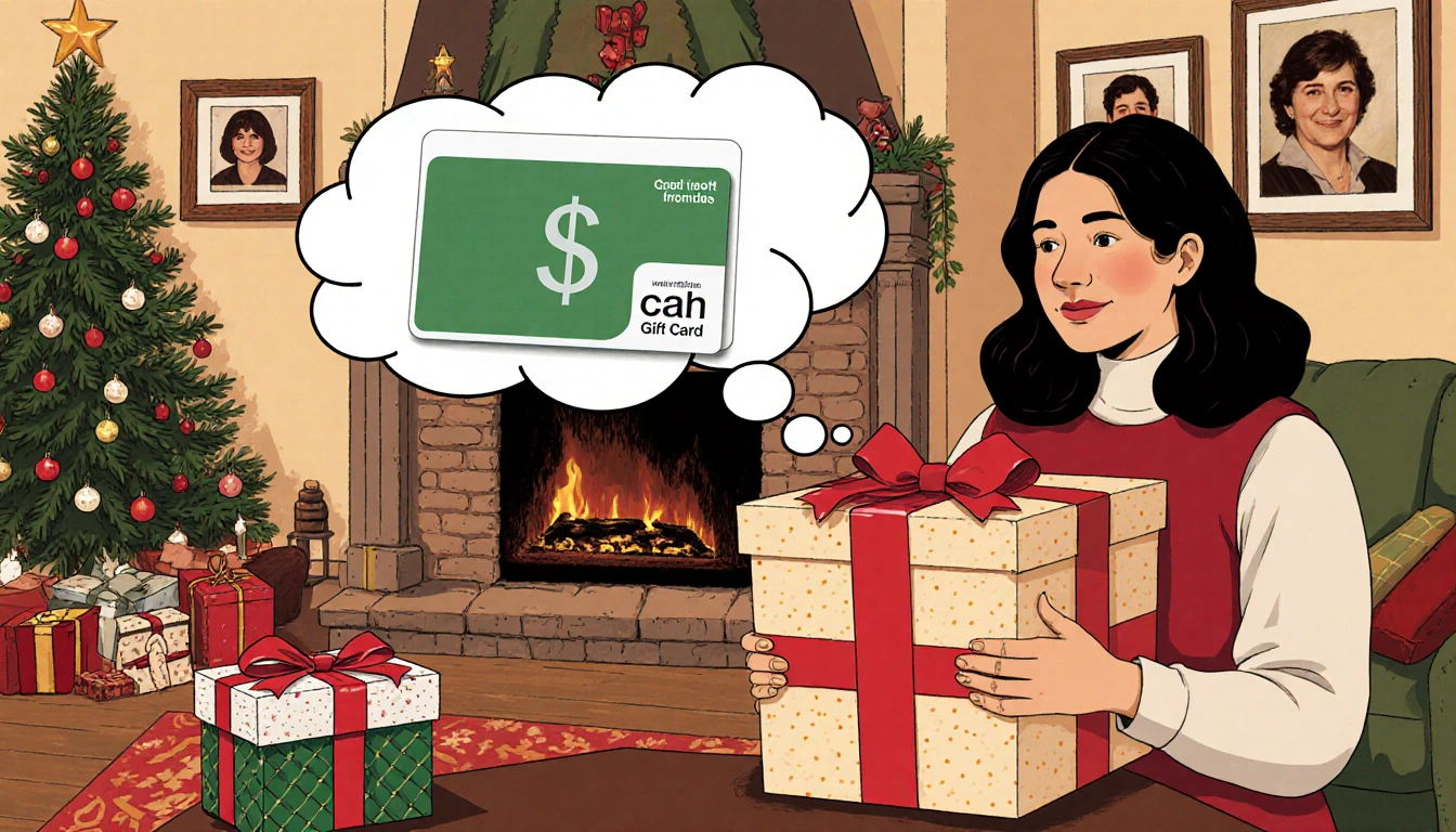 Person holding wrapped gift box with thought bubble showing cash gift card and room with Christmas tree and family photos