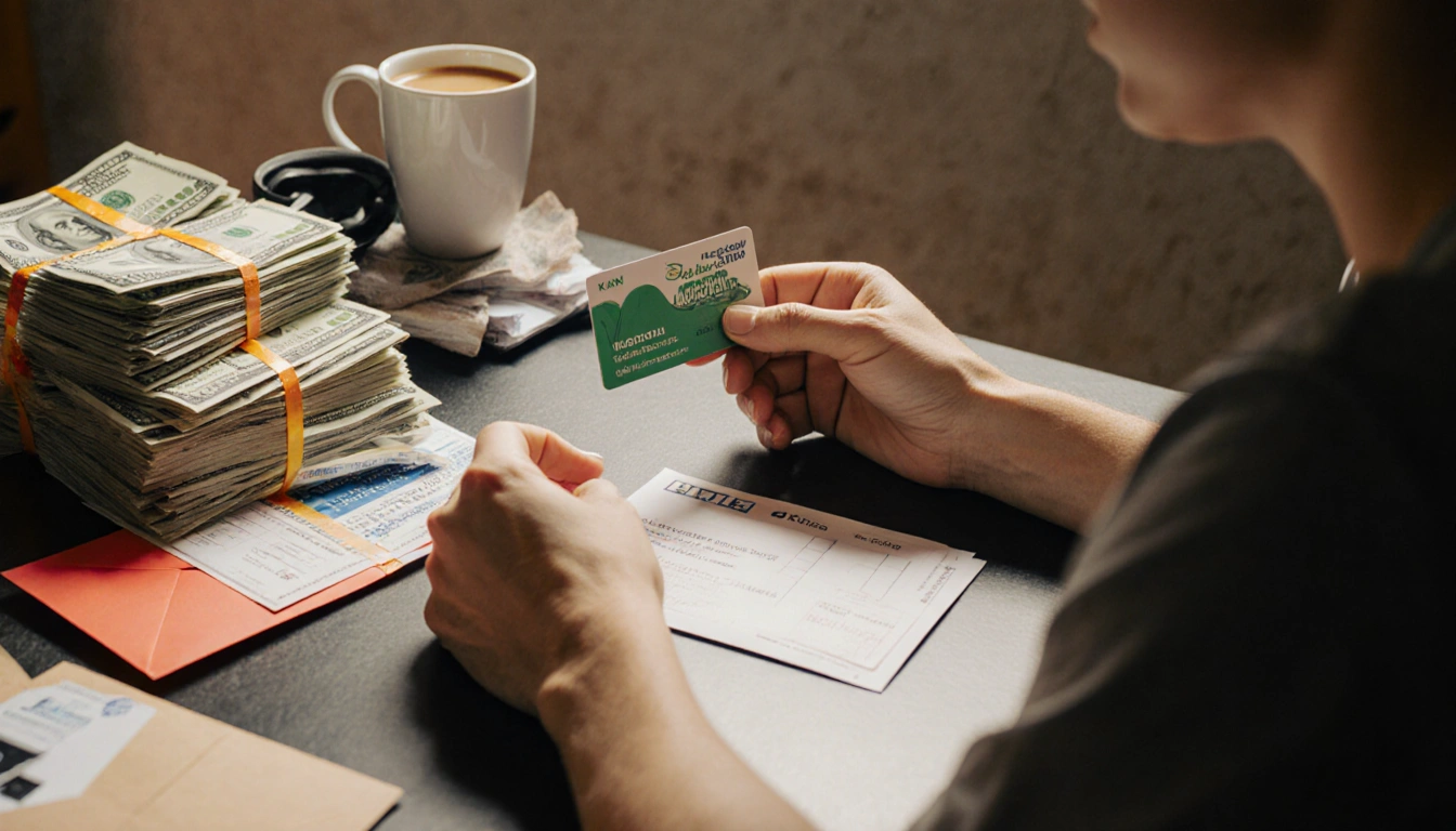 Person sits holding an unopened gift card on a cluttered desk with a half‑full coffee mug and stacks of cash envelopes
