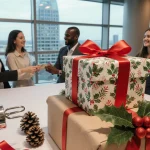 Passengers receive wrapped gifts with festive holly and pinecones near Austin airport terminal.