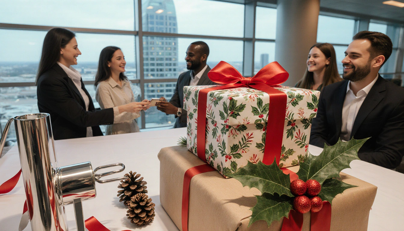 Passengers receive wrapped gifts with festive holly and pinecones near Austin airport terminal.