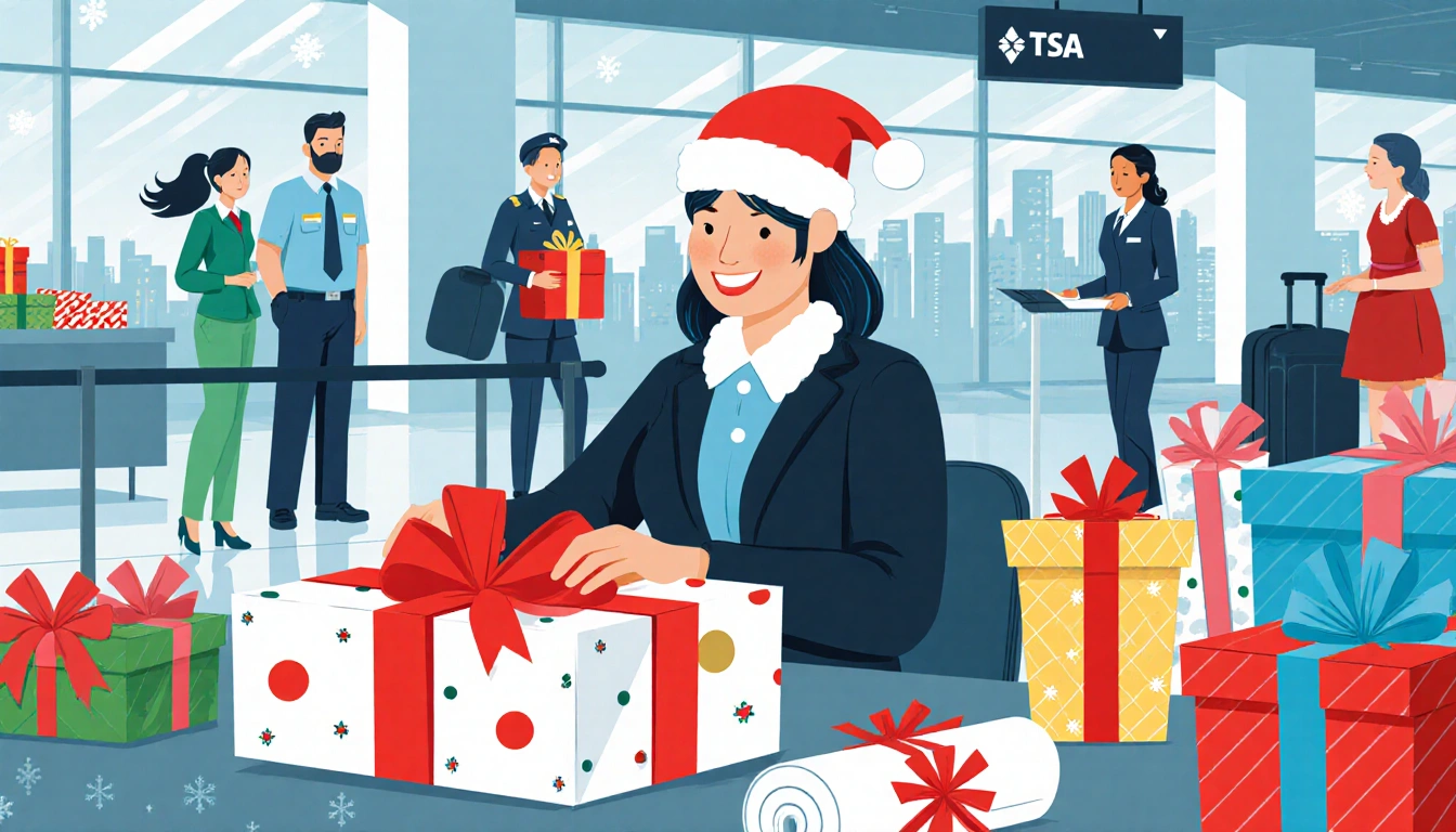 Traveler wrapping a gift with a bright red bow in a holiday airport station and TSA agents visible in background.