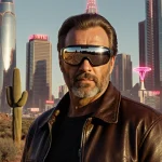 Gil Gerard standing in front of a futuristic neon cityscape with desert cactus silhouettes heroic