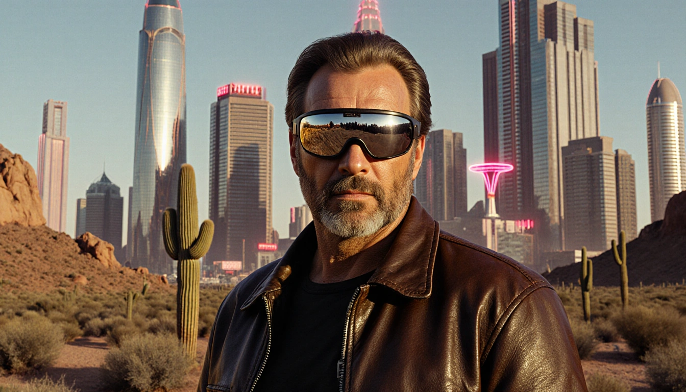 Gil Gerard standing in front of a futuristic neon cityscape with desert cactus silhouettes heroic