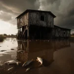 Fish float on murky creek with old wooden sewage station partially submerged and storm clouds gathering.