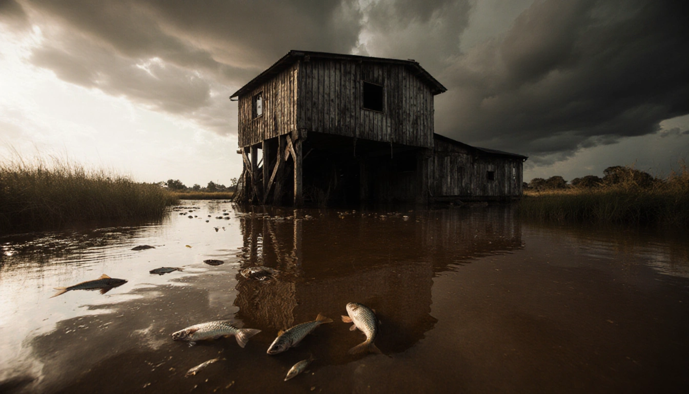 Fish float on murky creek with old wooden sewage station partially submerged and storm clouds gathering.