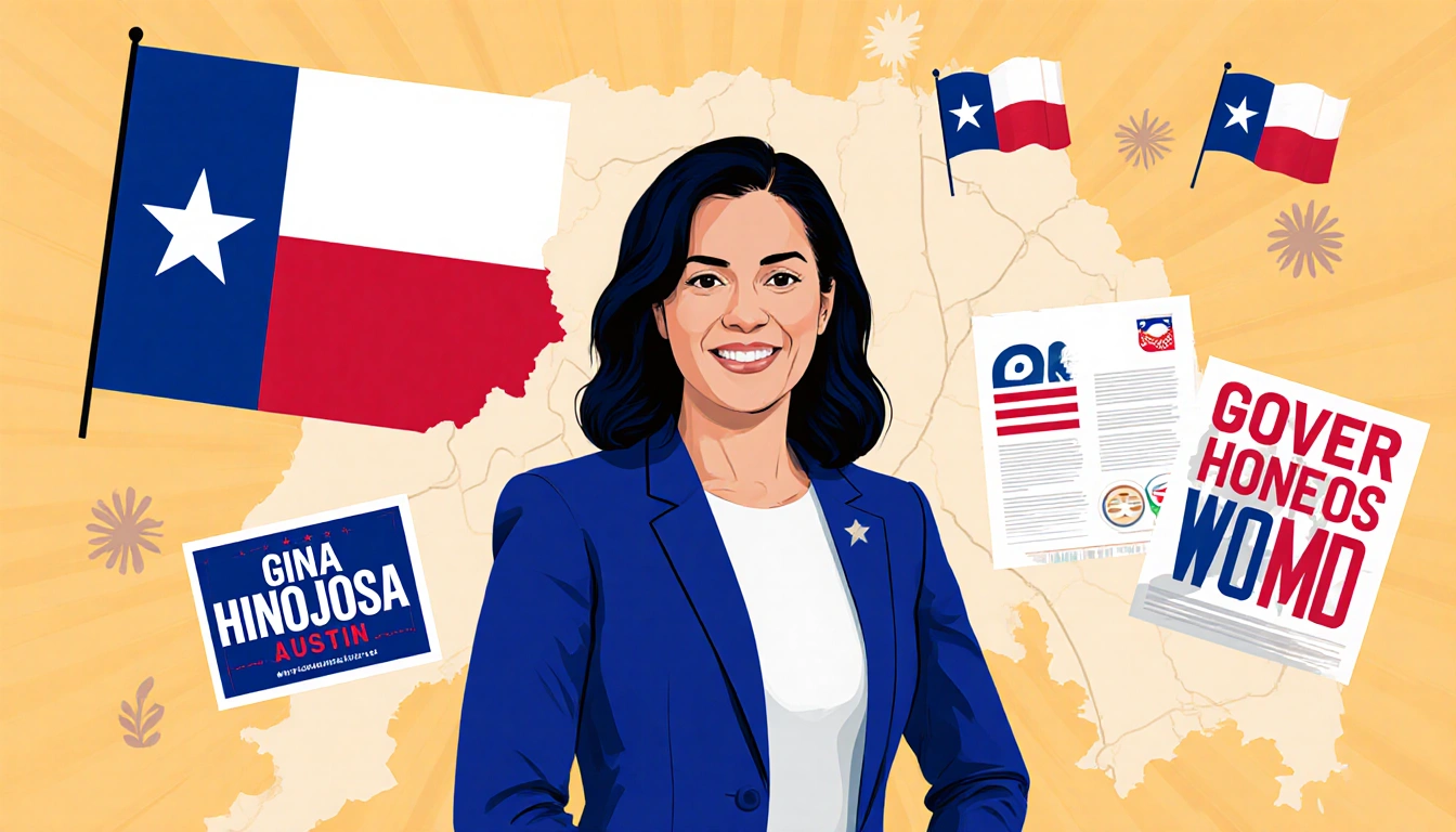Gina Hinojosa stands in front of a large map of Austin with Texas flags and campaign materials and green graphics background