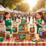 Girl Scout arranging cookies with Thin Mints and Exploremores on a table at a sunny market booth