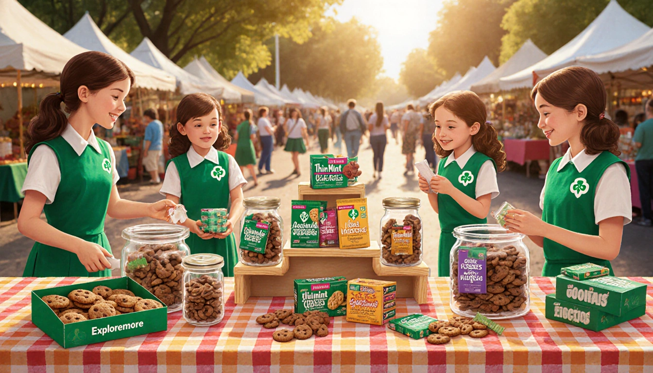 Girl Scout arranging cookies with Thin Mints and Exploremores on a table at a sunny market booth