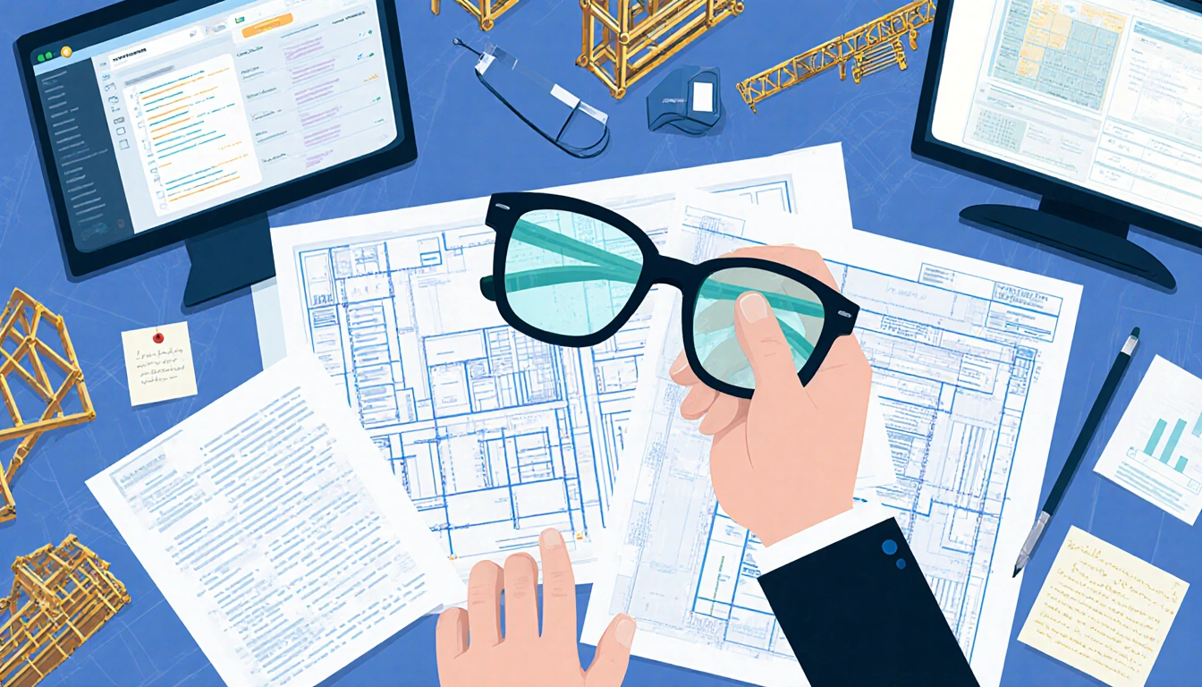 Glass person reviewing blueprints with digital screens and construction frames
