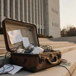 Worn suitcase left on steps spilling wires and humanitarian supplies with a distant United Nations building in golden light