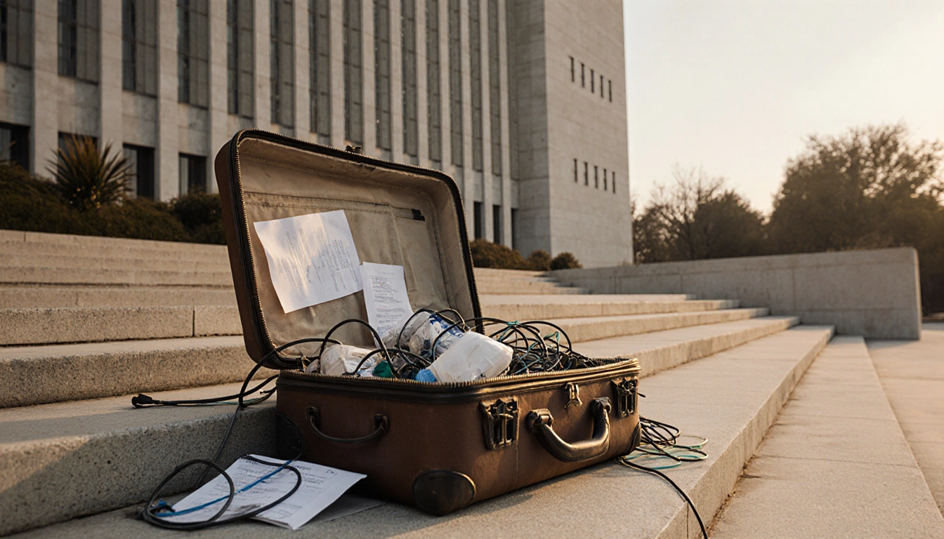 Worn suitcase left on steps spilling wires and humanitarian supplies with a distant United Nations building in golden light