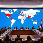 Delegates discussing cybercrime at a conference with Thai MFA and UNODC logos and a world map of scam sites on the screen.