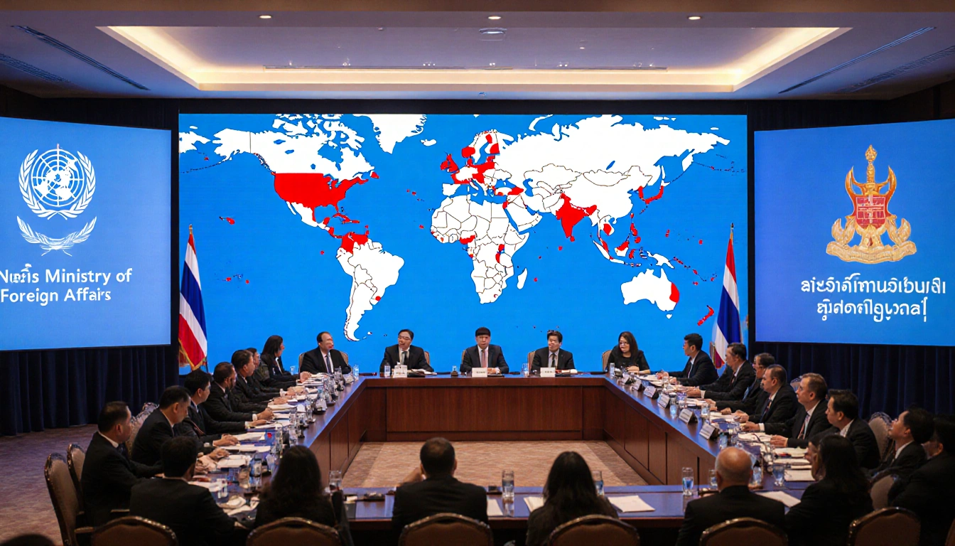 Delegates discussing cybercrime at a conference with Thai MFA and UNODC logos and a world map of scam sites on the screen.