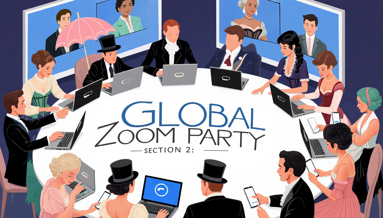 Virtual Zoom party with Regency era participants wearing top hats and corsets around a circular table of laptops and phones
