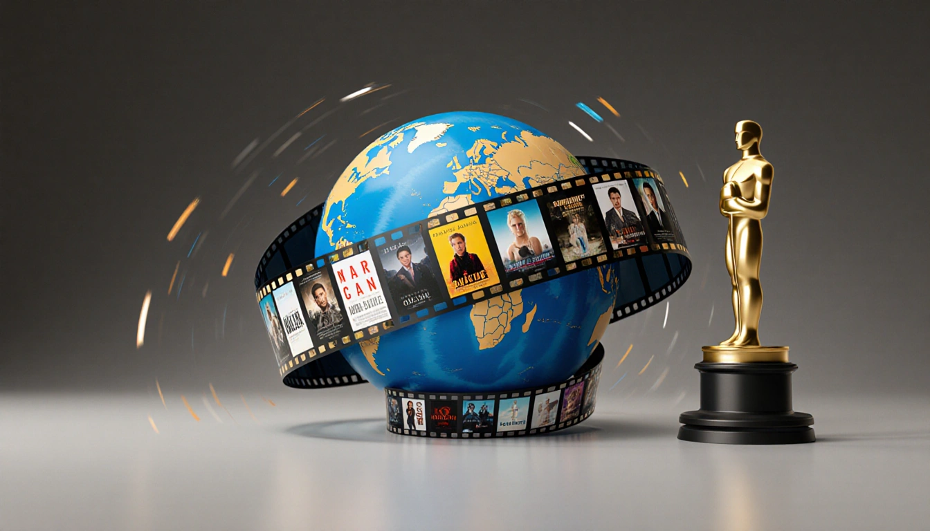 Globe encircled by film strip with motion lines and Oscar statuette background for global storytelling prestige