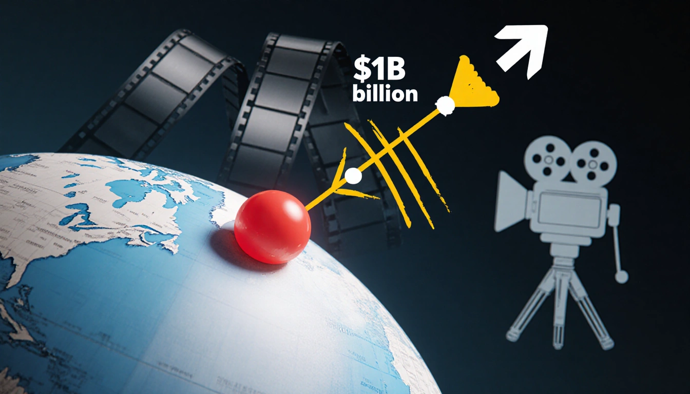 Globe highlights United States with red dot while arrow points to Hollywood box office earnings chart.