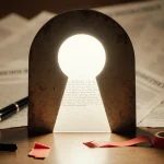 Sheet of paper slipping from a glowing keyhole with warm light on blurred classified documents and red tape nearby.