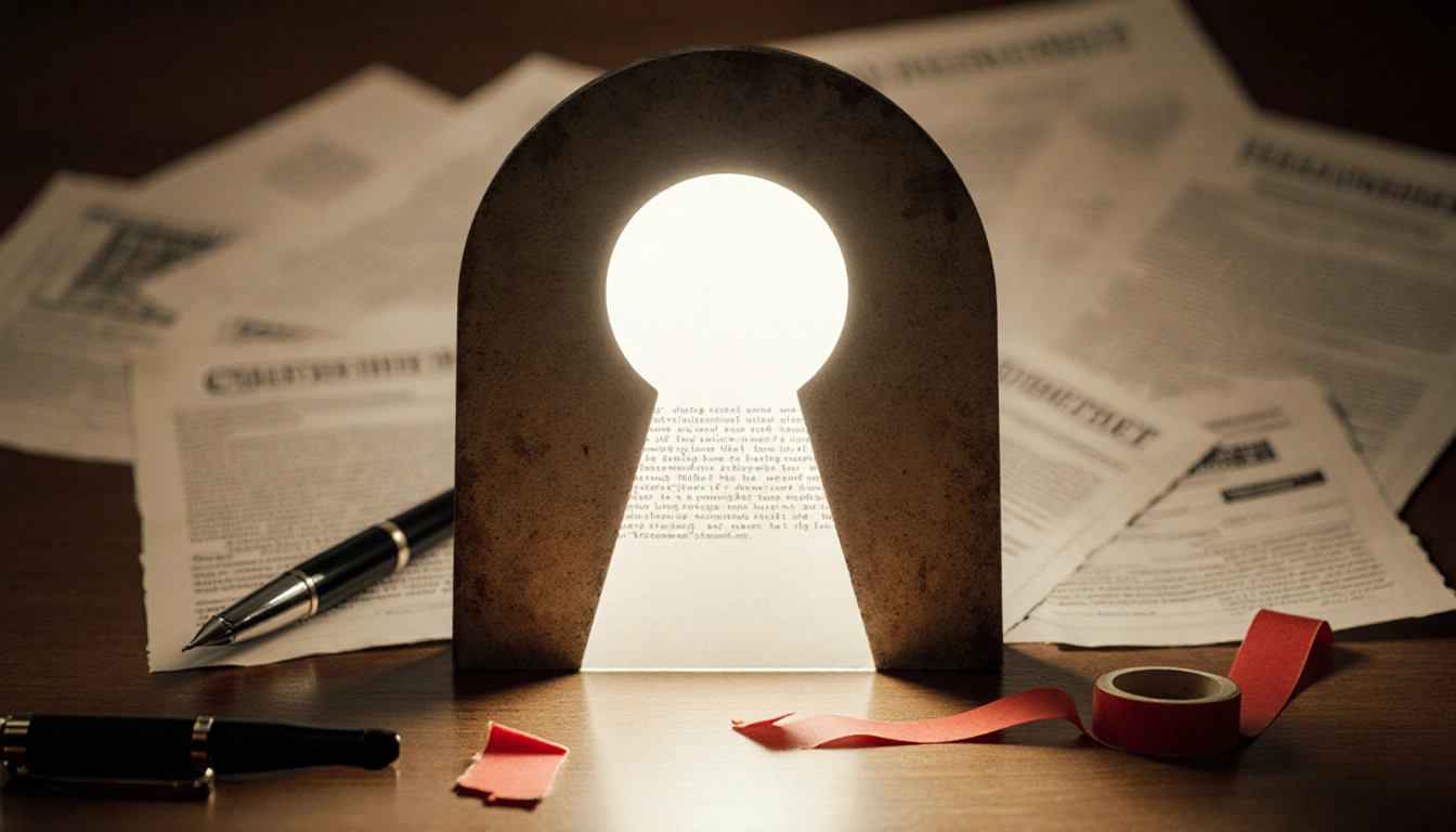 Sheet of paper slipping from a glowing keyhole with warm light on blurred classified documents and red tape nearby.