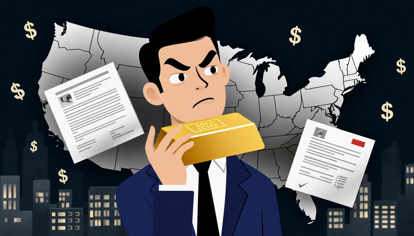 Fraudster holding a gold bar with a sly expression and faint dollar signs surrounding him near a blurred cityscape
