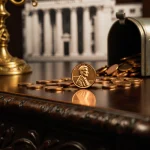 Golden coins scattered on a dark wood table with a single penny shining near a candelabra and a blurred US Mint building.
