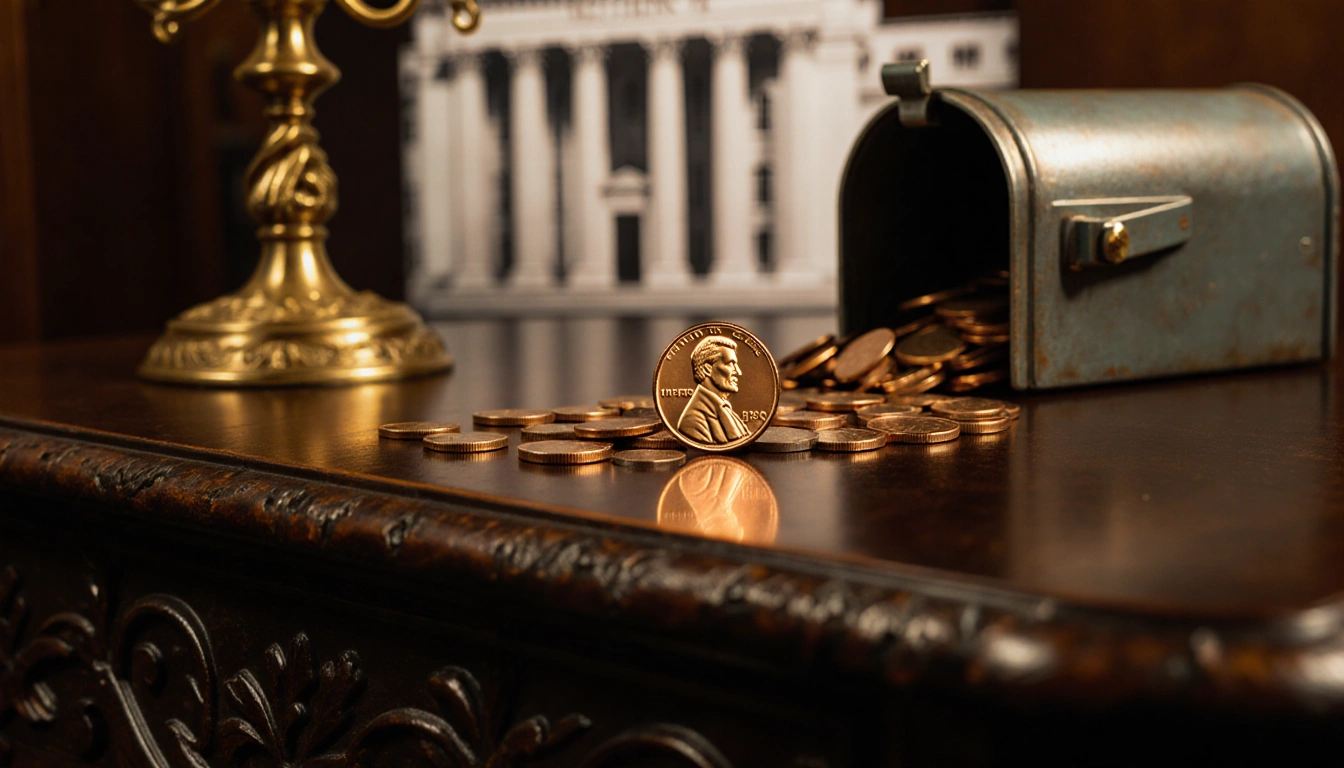 Golden coins scattered on a dark wood table with a single penny shining near a candelabra and a blurred US Mint building.
