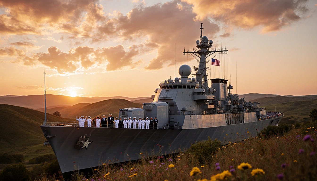 Golden Fleet flagship battleship glimmers against a sunset-lit Texas Hill Country backdrop with a crowd of Texans on deck.