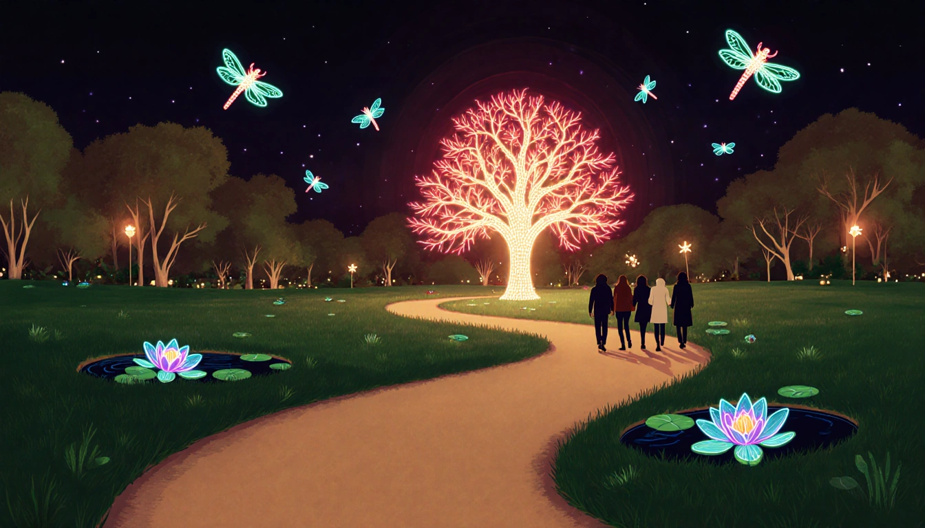 Visitors strolling along a winding holiday light path with a glowing neon tree and floating dragonflies near water lilies