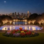 Skaters glide across the glimmering ice rink in Golden Gate Park with holiday lights and festive trees