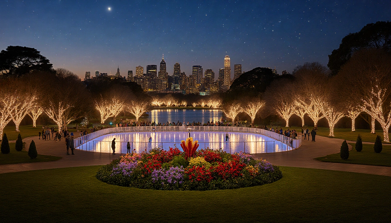 Skaters glide across the glimmering ice rink in Golden Gate Park with holiday lights and festive trees
