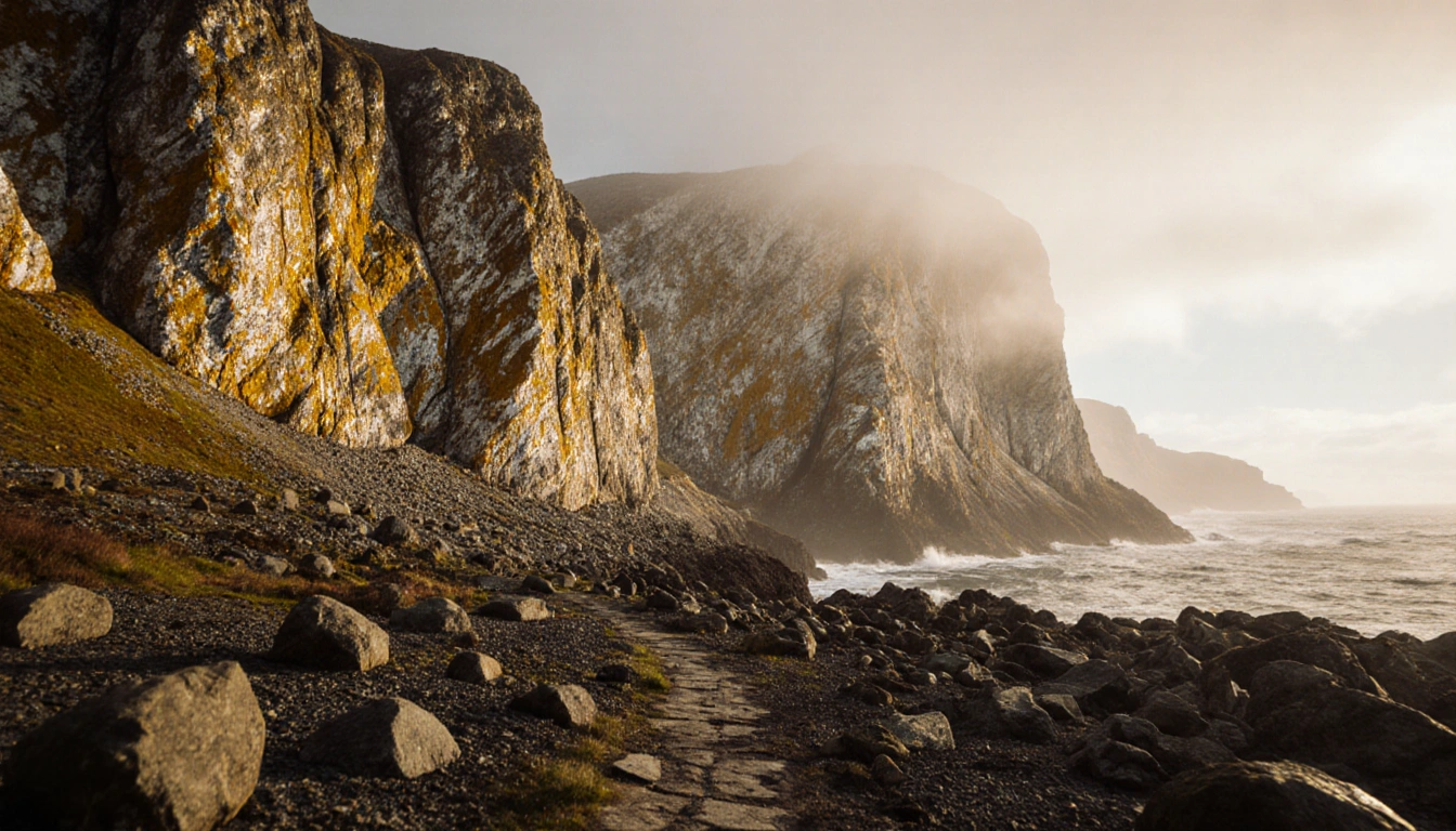 Granite quarry cliffs towering with weathered gold and white patterns under soft diffused light beside misty Scottish coastli