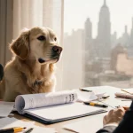 Golden retriever tilting head to review a tax folder with pens scattered on a cluttered desk and a blurred NYC skyline