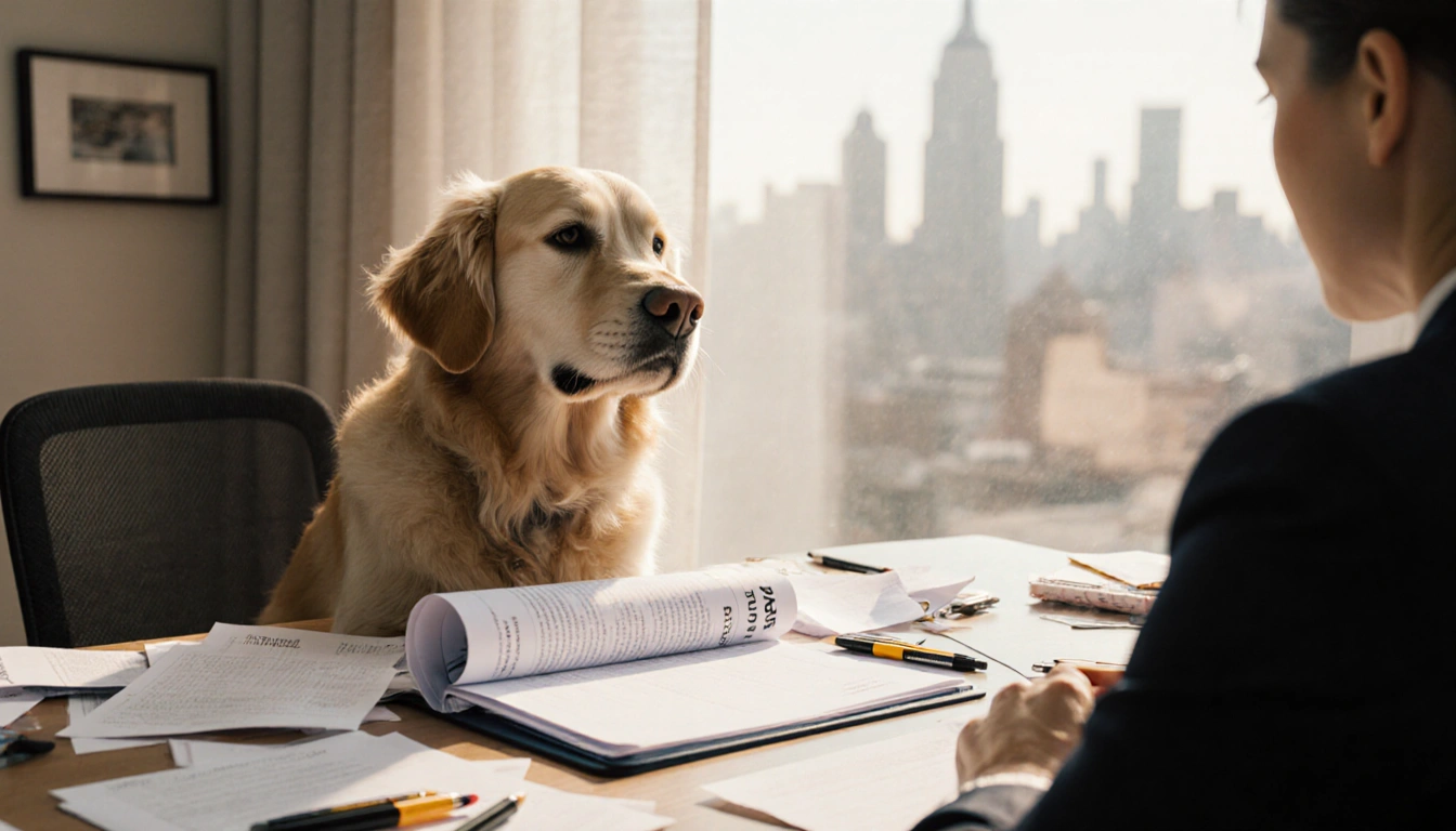 Golden retriever tilting head to review a tax folder with pens scattered on a cluttered desk and a blurred NYC skyline
