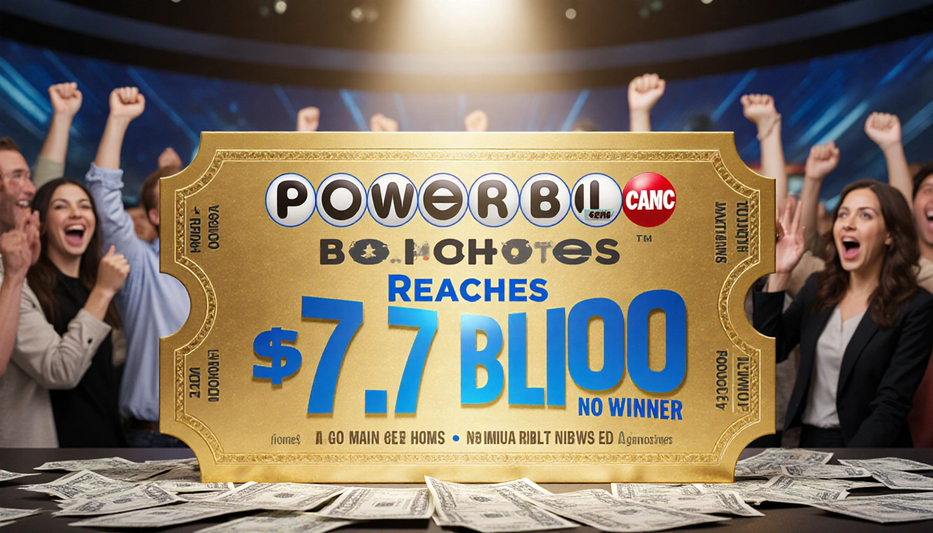 Golden ticket shines on news desk with bold blue headlines about $1.7 billion jackpot and no winner spotlight glowing